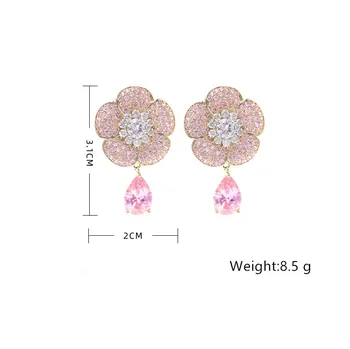 Franceză Elegant Floare Trandafir Roz AAA Zircon Cercei Pentru Femeile Micro-încrustat Picătură Cercei de Lux Femei Bijuterii