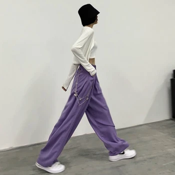 Pantaloni Casual De Vara Toată Lungimea Violet Solid Draperii Largi Picior Mare Talie Șic Harajuku Streetwear Japoneze Fete Cool Femei Nou