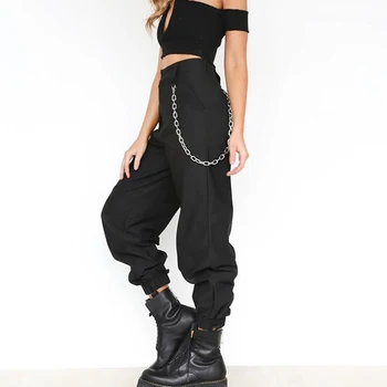 Toamna vintage lanț negru pantaloni femei mijlocul talie pantaloni jogging pantaloni largi femei streetwear plus dimensiune