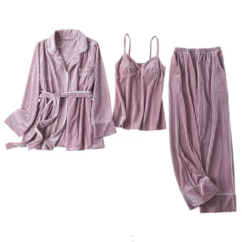 Catifea Pijamale 3PCS Set pentru Dormit Femei Toamna anului Nou Kimono-Halat Halat de îmbrăcăminte de noapte Velur cămașă de noapte Lenjerie Intima Haine de Acasă