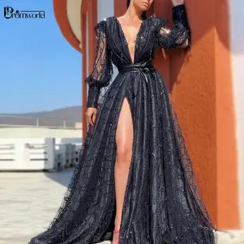 Sexy Fantă Negru Rochii De Mireasa Cu Maneca Lunga V-Gât Adânc Paiete Maxi Formale Rochie De Petrecere Vestido De Fiesta Dubai, Rochii De Seara