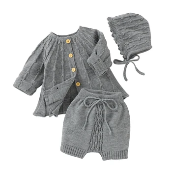 Drăguț 3Pcs Copilul Fete pentru Copii de Primavara Toamna Tricotate de Culoare Solidă Butonul up Cardigan Pulover + Pantaloni scurti + Hat Set