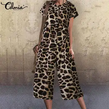 Vara Femei Combinezoni Celmia 2021 Epocă Salopetă Leopard De Imprimare Butoane Costum Casual Cu Maneci Scurte Largi Picior General Plus Dimensiune