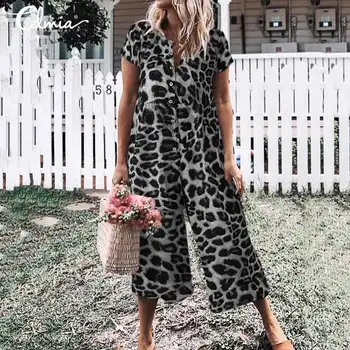 Vara Femei Combinezoni Celmia 2021 Epocă Salopetă Leopard De Imprimare Butoane Costum Casual Cu Maneci Scurte Largi Picior General Plus Dimensiune