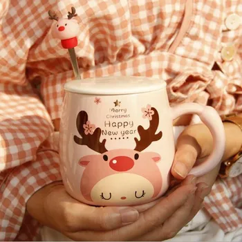 350ml Cana Ceramica Creative Ceașcă de Cafea Cu Capac Și Linguriță de Ceai cu Lapte Cupe Copil de Crăciun Elan Cani Copii Cadou Rosu Roz Pereche de Cesti