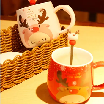 350ml Cana Ceramica Creative Ceașcă de Cafea Cu Capac Și Linguriță de Ceai cu Lapte Cupe Copil de Crăciun Elan Cani Copii Cadou Rosu Roz Pereche de Cesti
