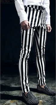 27-44 ! 2019 negru și alb dungi verticale pantaloni skinny pentru bărbați îmbrăcăminte subțire casual pantaloni plus dimensiune costume de primăvară
