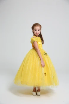 2018 Fete Belle Dress Fată Ziua de nastere Fluture Bebe Rochii Fantasia Infantil pentru Copii Petrecere de Halloween Rochii Galbene Belle Peruca