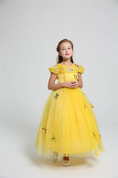 2018 Fete Belle Dress Fată Ziua de nastere Fluture Bebe Rochii Fantasia Infantil pentru Copii Petrecere de Halloween Rochii Galbene Belle Peruca