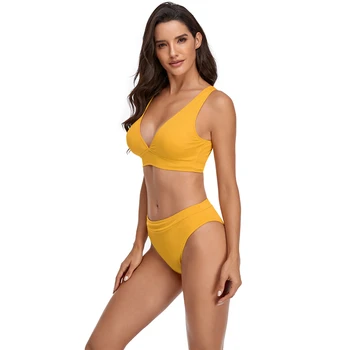 2021 Nou Sexy de Culoare Solidă Costume de baie Femei Curele Largă de costume de Baie Adânc V Beachwear S-XL Fată Înaltă Talie Costum de Baie Bikini Set