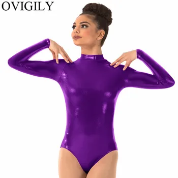 OVIGILY Violet Adulți Maneca Lunga Tricou Pentru Gimnastica Femei Spandex Metalice Guler Dans Tricouri culoare Roșie Balet Costume