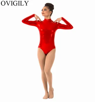 OVIGILY Violet Adulți Maneca Lunga Tricou Pentru Gimnastica Femei Spandex Metalice Guler Dans Tricouri culoare Roșie Balet Costume