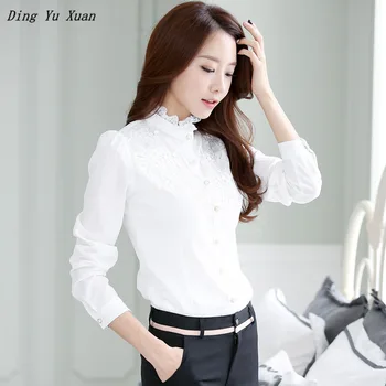 Coreea Moda Doamnelor Alb-Negru de Birou Tricouri Femei Stand de Guler maneca Lunga-Bluze Bluze Elegante din Dantela Femei Lucrează Costum Camasa