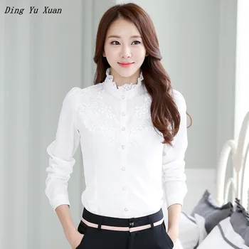 Coreea Moda Doamnelor Alb-Negru de Birou Tricouri Femei Stand de Guler maneca Lunga-Bluze Bluze Elegante din Dantela Femei Lucrează Costum Camasa