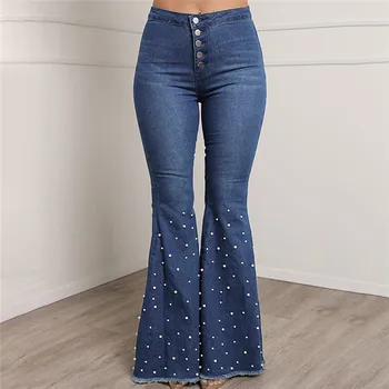 Femei Talie Mare Ștrasuri Din Mărgele Flare Jeans Vintage Largi Picior Pantaloni Din Denim Butonul Timp Calca Jean Doamnelor Blugi Evazați Mujer 2020 Nou