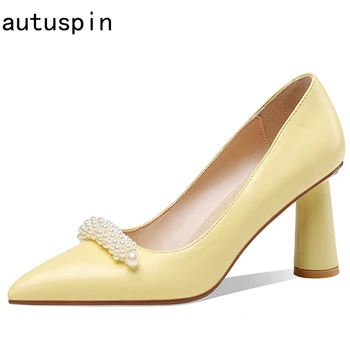 Autuspin Design Nou Pearl Decor De Pantofi Pentru Femei De Moda Elegant Din Piele De Oaie Cu Toc Doamna Munca De Birou Petrecere De Dating Pompe De Piele