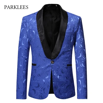 Rose Jacquard Bărbați Blazer 2019 Brand Nou Albastru Regal Floral Mens Sacou Slim Fit Guler Șal Mire Costume Costum Homme XL