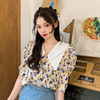 Bluza femei vara coreean Florale Bluze topuri Rever Maneca Scurta Brodata Tricou blusas mujer de moda 2020