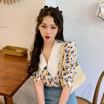 Bluza femei vara coreean Florale Bluze topuri Rever Maneca Scurta Brodata Tricou blusas mujer de moda 2020