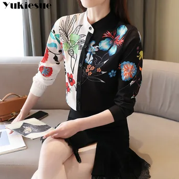 Plus dimensiune coreean Print Stand Negru cu Maneci Lungi, Haine de Top Șifon Bluza pentru Femei de Primavara 2020 Moda Butonul Blusas Femininas