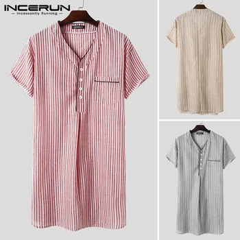 INCERUN Bărbați cu Dungi Somn Robe camasa de noapte cu Maneci Scurte V Neck Bumbac Respirabil Halate de baie Barbati Halat Confortabil Homewear 2021