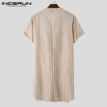 INCERUN Bărbați cu Dungi Somn Robe camasa de noapte cu Maneci Scurte V Neck Bumbac Respirabil Halate de baie Barbati Halat Confortabil Homewear 2021
