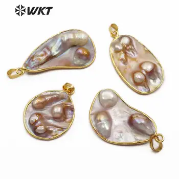 WT-JP159 new sosire! sculptate rotunde neregulate naturale mama de perla Pandantiv cu aur galvanizare femei Colier Conector