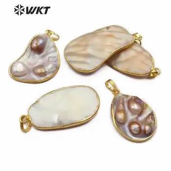 WT-JP159 new sosire! sculptate rotunde neregulate naturale mama de perla Pandantiv cu aur galvanizare femei Colier Conector