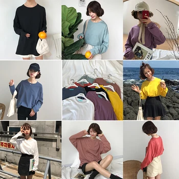 8 culori 2018 stil preppy topuri de femei cu stil coreean grupa de bază o culoare solidă gât maneca lunga tricouri femei tricou femme B1247