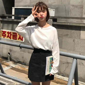 8 culori 2018 stil preppy topuri de femei cu stil coreean grupa de bază o culoare solidă gât maneca lunga tricouri femei tricou femme B1247