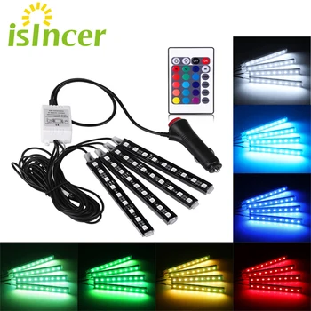 ISincer Masina RGB LED Strip 4*9pcs SMD 5050 10W Auto de Interior Decorative Atmosfera Benzi Auto Calea Etaj Lumină de Control de la Distanță