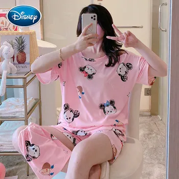 Disney drăguț Mickey imprimare pijamale femei de vară cu mânecă scurtă, pantaloni scurți drăguț desen animat plus dimensiunea vrac costum din două piese