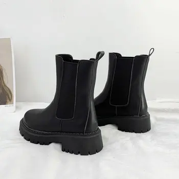 Cizme Femei Din Piele Rotund Toe Slip On Glezna Cizme Pentru Femei De Iarna, Ghete Platforma Cald Pantofi Casual Chelsea Cizme