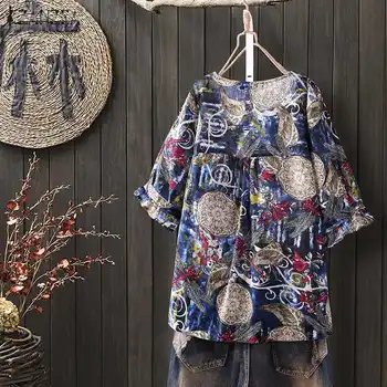 ZANZEA 2021 Topuri de Vara Vintage Florale Imprimate Bluza Femei 3/4 Sleeve Camasa Casual din Bumbac Lenjerie de pat Blusas Halat Femme Tunica Topuri