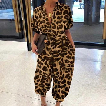 Femei Leopard de Imprimare Salopeta Retro Vara cu Maneci Scurte din Dantela-Up Costum Salopeta Casual Butonul V-Neck Pocket Romper Bodysuit 5XL