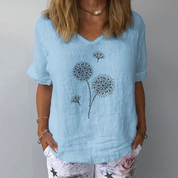 Femei Elegant Florale de Imprimare Lenjerie de pat din Bumbac Tricou de Vară V Gâtului Maneca Scurta Bluza Feminin Casual Doamnelor Plus Dimensiune Topuri si Bluze