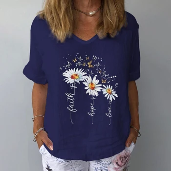 Femei Elegant Florale de Imprimare Lenjerie de pat din Bumbac Tricou de Vară V Gâtului Maneca Scurta Bluza Feminin Casual Doamnelor Plus Dimensiune Topuri si Bluze