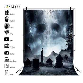 Laeacco Medii De Halloween Craniu Cimitir Mormânt Deal Cu Iarbă, Copaci Fundaluri De Fotografie, Portret Copil Photophone Photozone