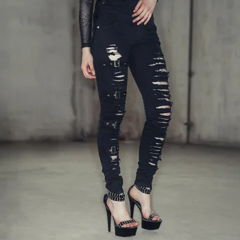 Diavolul Moda Steampunk Femeile Rupt Pantaloni De Bumbac Cu Catarama Gotic Negru Blugi Casual Pantaloni Lungi