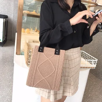 Toamna tricotate tricot geantă de mână Japoneză pătrat mic sac de simplu de trei-dimensional de moda navetiști sac