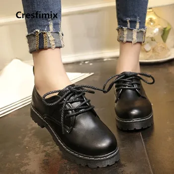 Cresfimix zapatos de mujer de moda pentru femei 2019 pu negru din piele dantela-up plat pantofi platforma doamna casual pantofi de toamnă c2418