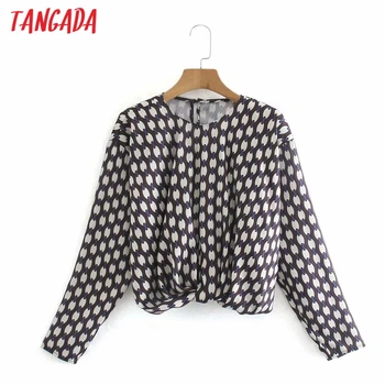 Tangada Femei Retro Geometrie Print Crop Bluza cu Maneca Lunga Elegante Femei Casual Camasa Blusas Femininas XN74
