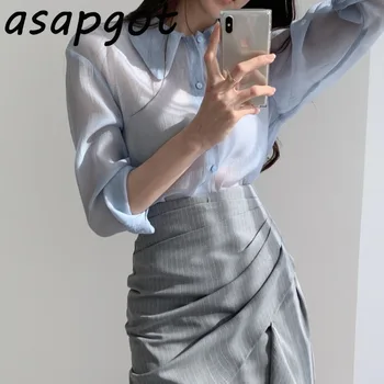 Coreeană Chic Blând Elegant Complet Maneca Single-breasted Perspectivă Tricouri Femei Neregulate Fuste Mini Birou Doamnă 2piece Set