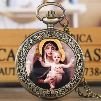 Fecioara Maria și Iisus Cuarț Ceas de Buzunar Pandantiv pentru Femei Fete Lady Bijuterii Colier Lanț Ceas de Lux reloj Religioase Cadouri