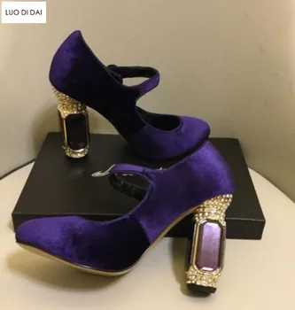 2020 spectacol de Moda pentru femei de epocă tocuri indesata toc pantofi de partid catifea Mary Janes diamant toc pompe rochie de mireasa pantofi