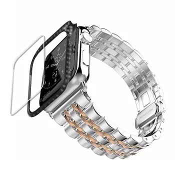 Fibra de Carbon Caz+Curea Pentru Apple Watch band 44mm 40mm 42mm/38mm iwatch din Oțel Inoxidabil curea pentru apple watch seria 5 4 3