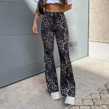 Leopard Print Pantaloni pentru Femei Dantelă Sus de Talie Mare Epocă de sex Feminin Slab Flare Pantaloni 2021 Nouă Primăvară Streetwear Doamnelor Funduri