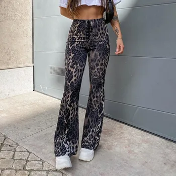 Leopard Print Pantaloni pentru Femei Dantelă Sus de Talie Mare Epocă de sex Feminin Slab Flare Pantaloni 2021 Nouă Primăvară Streetwear Doamnelor Funduri