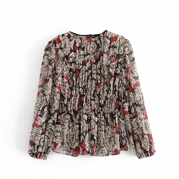 2020 Za Femei Florale Imprimare Bluza Cutat O-Neck Maneca Lunga Puf De Epocă Tricouri Femeie De Moda Liber Topuri De Flori