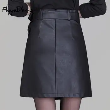6XL din Piele Neagră, O Linie pentru Femei Fusta Vintage cu Talie Înaltă Cu Centura 2020 Toamna Eșarfe Midi Fuste Femei Plus Dimensiune